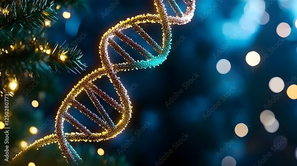Holiday DNA Helix Ornament with Twinkling Lights on a Christmas Tree Creating a Unique Festive Atmosphere for Science Enthusiasts and Celebrations Holiday DNA Helix Ornament with Twinkling Lights on a Christmas Tree Creating a Unique Festive Atmosphere for Science Enthusiasts and Celebrations