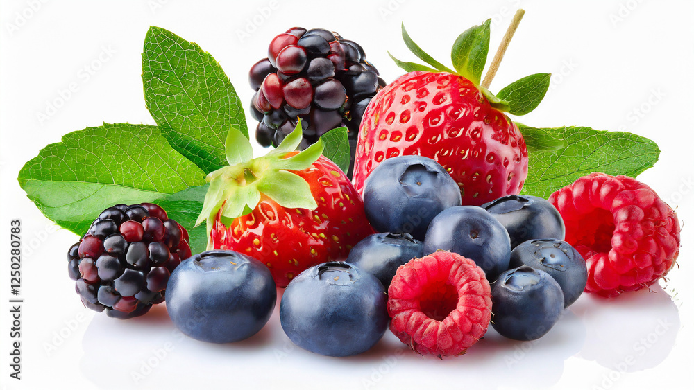 Blueberries, raspberries and strawberries isolated on white background. Berries fruits