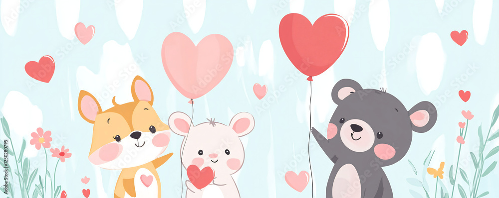 Fototapeta premium Cute animals holding heart balloons in a colorful, whimsical landscape.