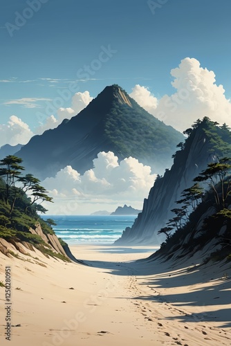 painting of a beach with a mountain in the background                           