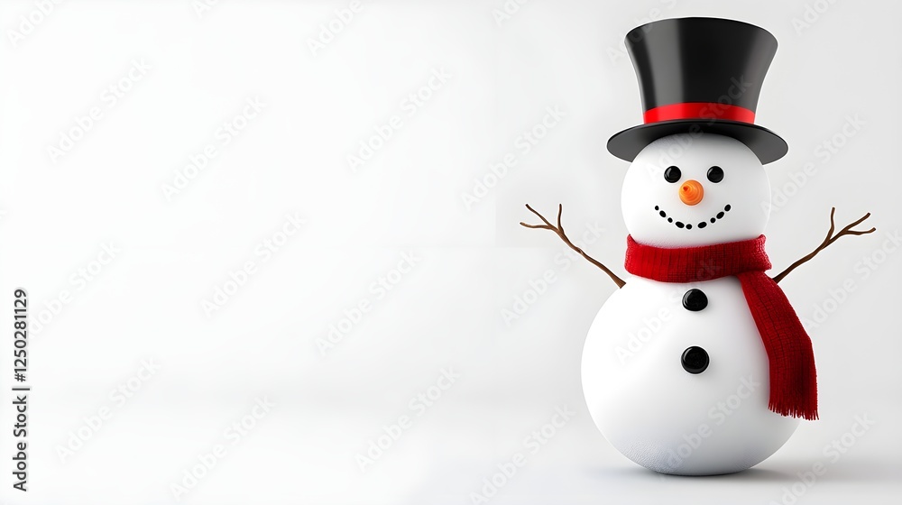 Cheerful snowman with a black hat, red scarf, and twig arms, standing against a light background, perfect for winter and holiday themes Cheerful snowman with a black hat, red scarf, and twig arms, standing against a light background, perfect for winter and holiday themes