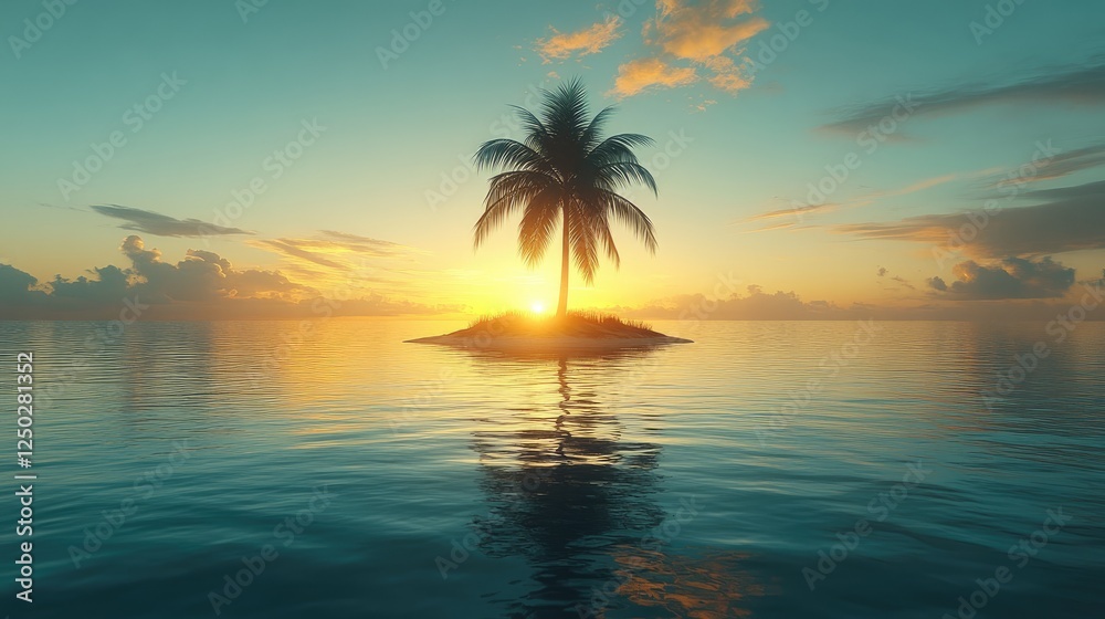 Serene sunset over a tranquil island with a palm tree reflecting on calm waters