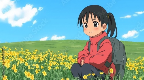 Girl sits in yellow flower field, backpack, sunny day, cheerful expression, nature background photo