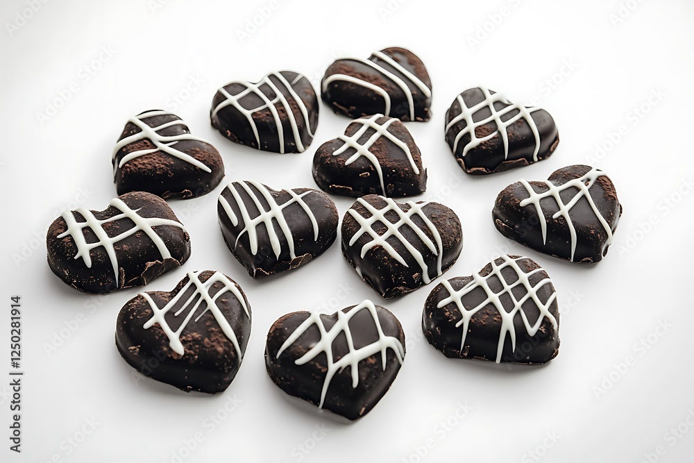 A romantic setup of dark chocolate hearts with delicate white chocolate drizzles, arranged in a circular pattern on white. A romantic setup of dark chocolate hearts with delicate white chocolate drizzles, arranged in a circular pattern on white.