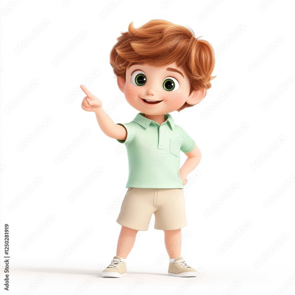 Animated Boy Pointing with Light Green Polo Shirt and Beige Shorts Animated Boy Pointing with Light Green Polo Shirt and Beige Shorts
