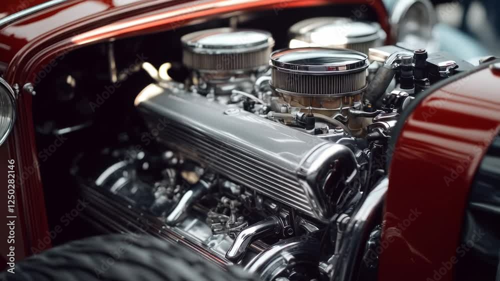 Gleaming Chrome: A Hot Rod Engine's Detailed Close-Up Gleaming Chrome: A Hot Rod Engine's Detailed Close-Up