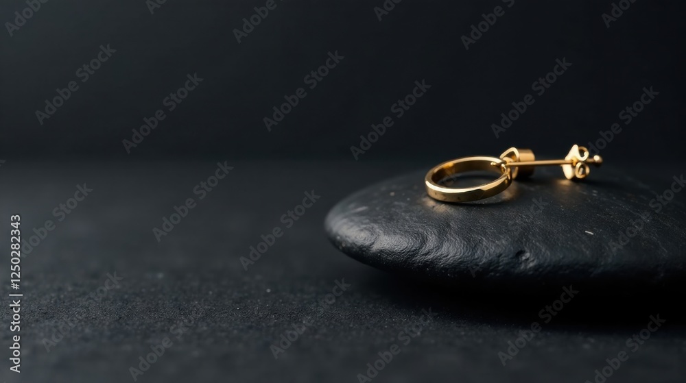 A single gold hoop earring rests delicately on a smooth dark stone, showcasing its simple elegance and refined design. A single gold hoop earring rests delicately on a smooth dark stone, showcasing its simple elegance and refined design.