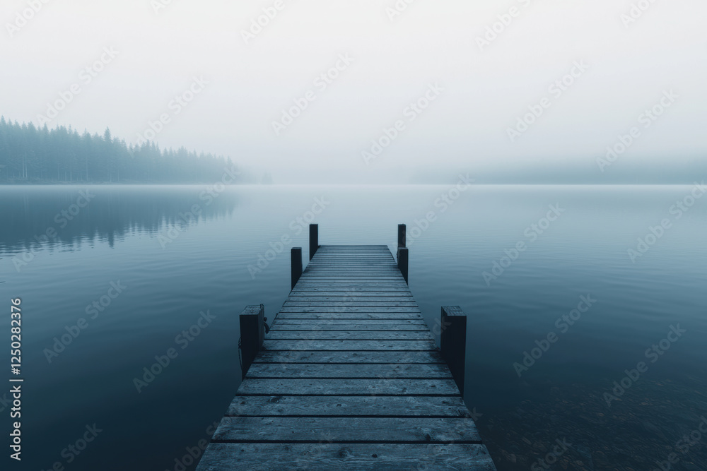 A quiet dock extending into a misty, A serene misty morning by the lake, featuring a wooden dock extending into calm waters, evoking tranquility and nature's beauty.