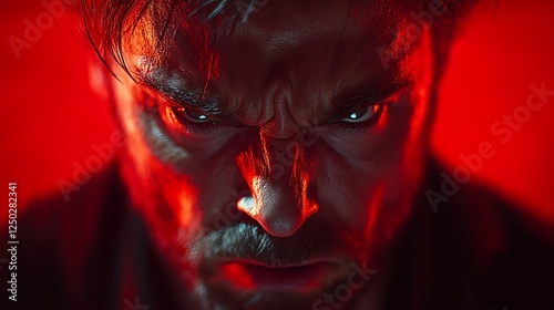 Crimson Rage: A dramatic close-up portrait of a man's intense, angry face, illuminated by a stark red light, conveying raw emotion and inner turmoil.