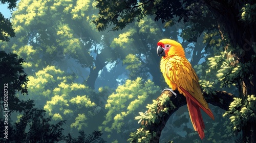 Vibrant parrot perched on a branch in a lush, sunlit forest with dappled light filtering through trees
