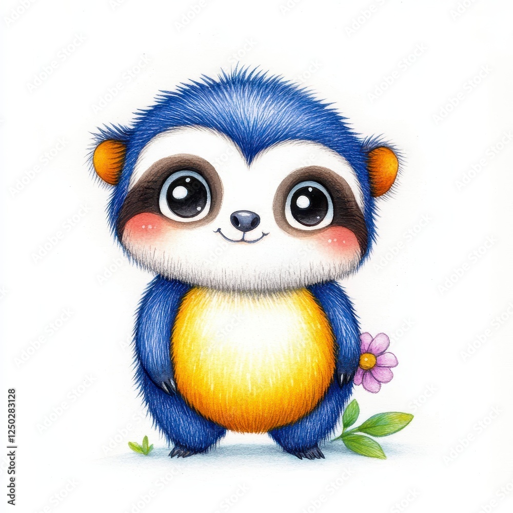 Fototapeta premium Adorable Blue Cartoon Sloth With Big Eyes And Purple Flower