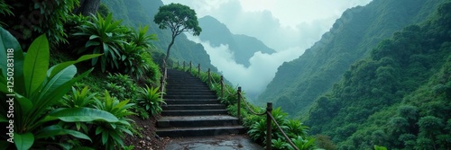 Misty stairs blending into the misty atmosphere of a tropical rainforest, cloud, hawaii, tropical