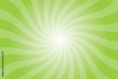 Green background with white sun ray. Pattern of starburst. Abstract kiwi texture with light of sunburst. Radial beam of sunlight. Retro background with flash. Design of sunbeams.