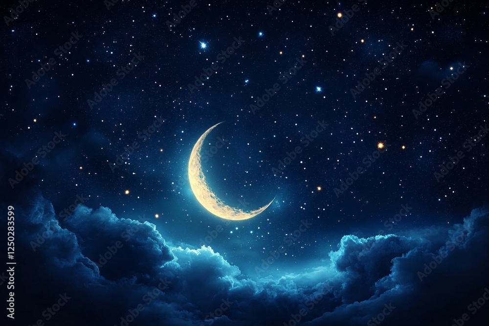 A dreamy digital painting of a crescent moon above a starry night sky, perfect for Ramadan greetings, night-themed artworks, and celestial-inspired designs. A dreamy digital painting of a crescent moon above a starry night sky, perfect for Ramadan greetings, night-themed artworks, and celestial-inspired designs.