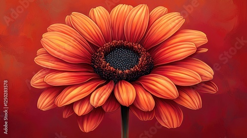Vibrant orange flower with intricate petals against a warm red background, showcasing nature's beauty