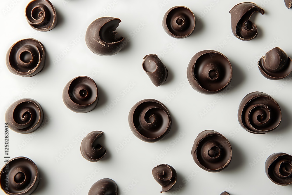 Fototapeta premium A serene and elegant flat lay of dark chocolate curls, each curl gently placed to form a calming spiral pattern.