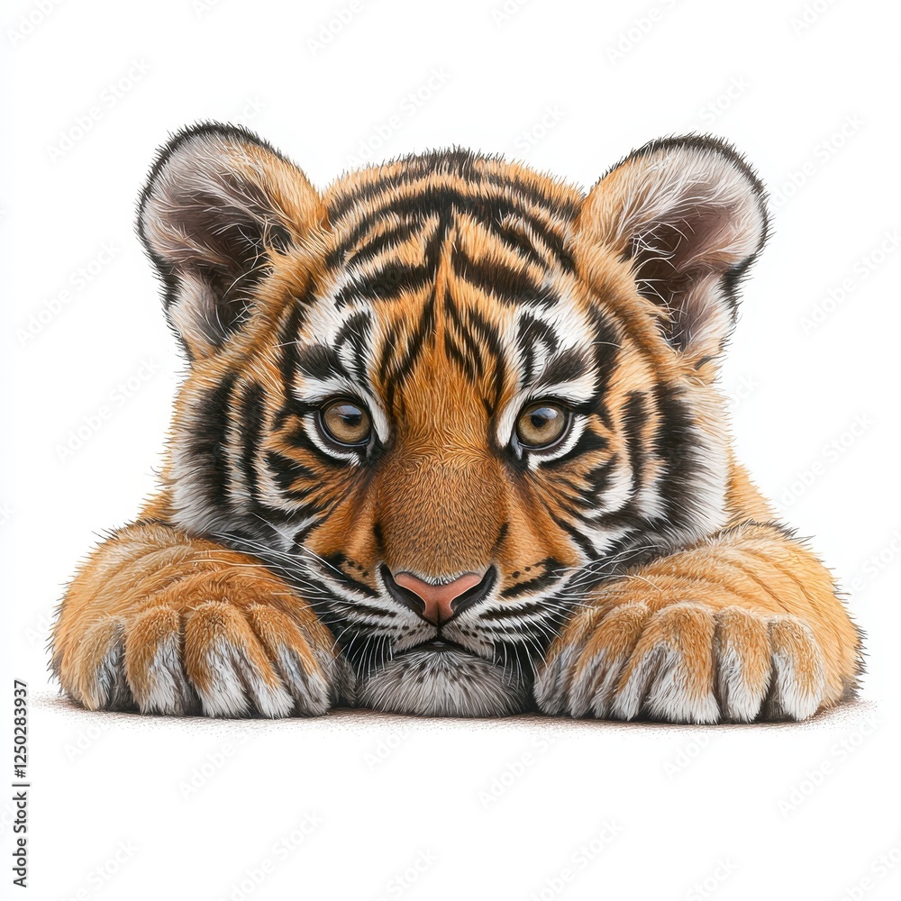 Obraz premium Adorable Tiger Cub Closeup Portrait Against White Background