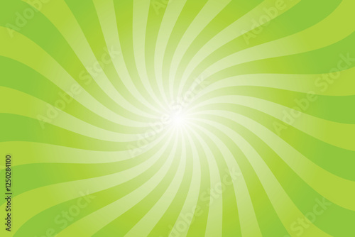 Green background with white sun ray. Pattern of starburst. Abstract lawn texture with light of sunburst. Radial beam of sunlight. Retro background with flash. Design of sunbeams.