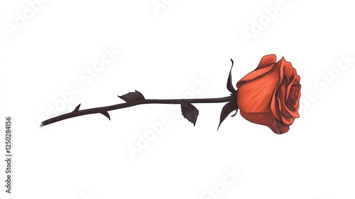 A vibrant red rose with a long stem, elegantly positioned against a clean white background