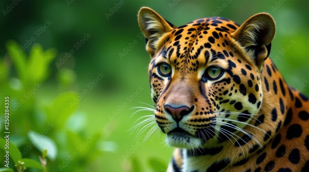 Fototapeta premium A Majestic Leopard Portrait Intense Gaze and Striking Spots Against Lush Green Foliage