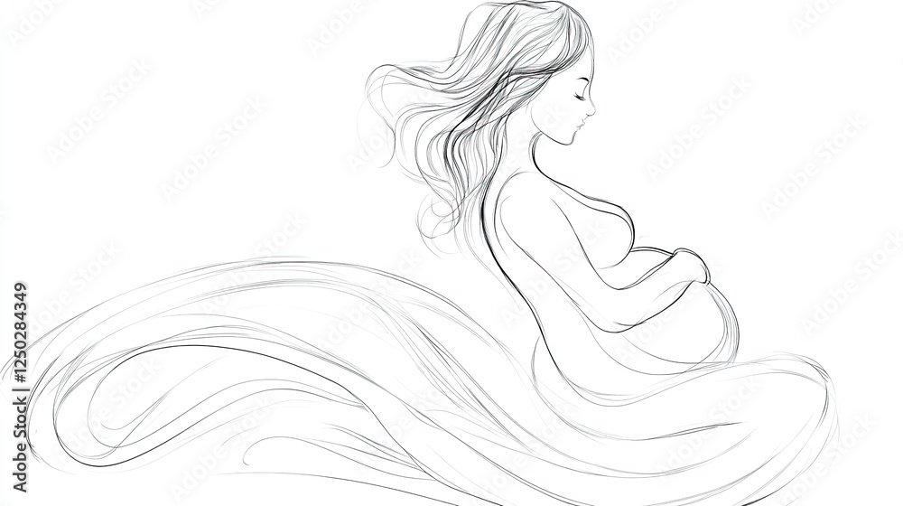 Line Art Drawing Sketch of Pregnant Lady: Black and White Continuous Lines Without Shading