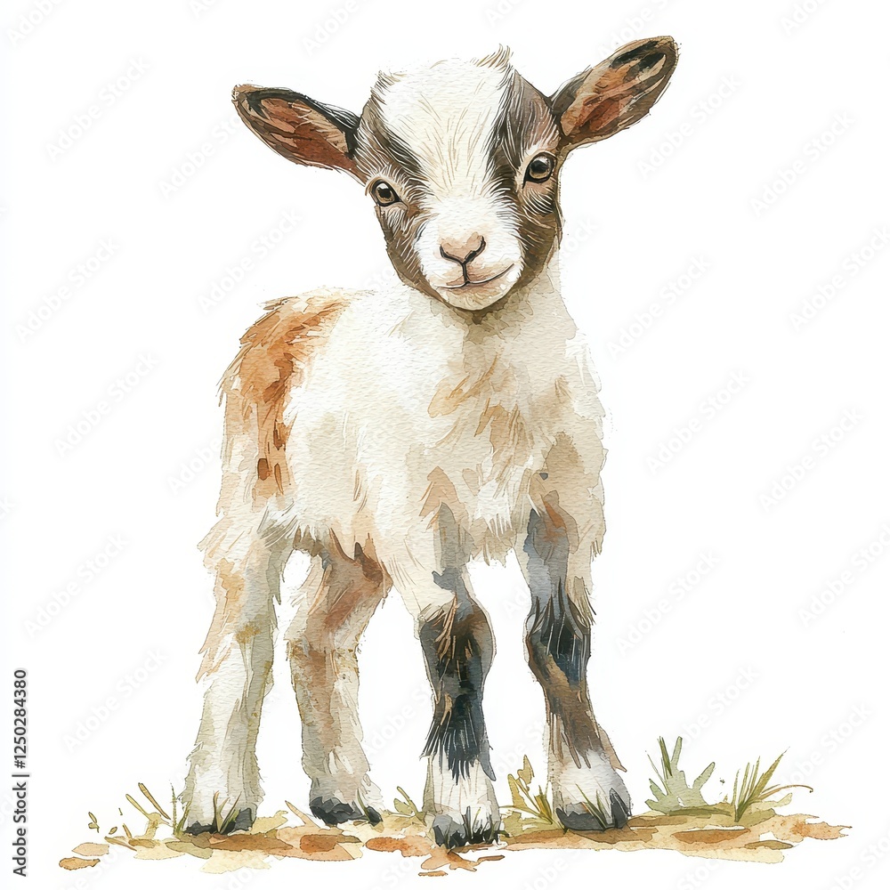 Adorable Young Goat Kid in Grass Brown and White Fur, Simple White Background Adorable Young Goat Kid in Grass Brown and White Fur, Simple White Background