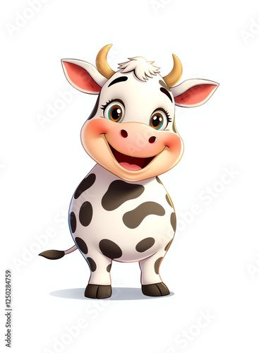 an image of a cartoon cow with a big smile on its face, cartoon cow with horns standing and smiling for the camera photo