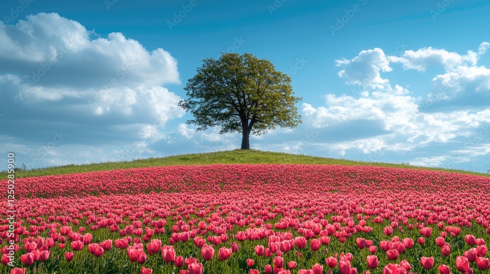 Vibrant tulip field under a blue sky with fluffy clouds and a solitary tree on a hill Vibrant tulip field under a blue sky with fluffy clouds and a solitary tree on a hill