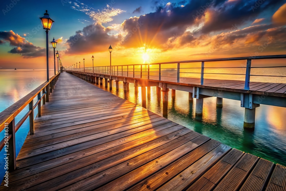 Soft Morning Light on Pier, Coastal Dawn, Ocean View, Wooden Deck, Metal Beams
