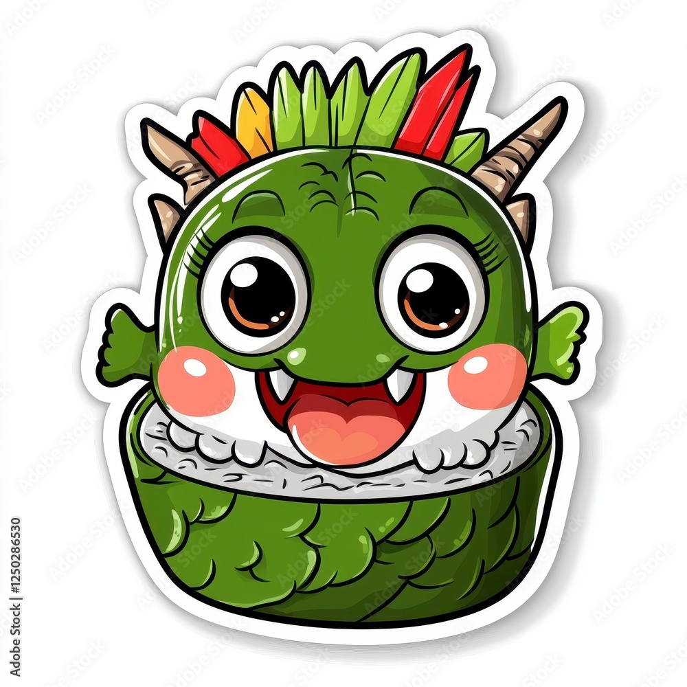 Fototapeta premium Cute cartoon character sushi roll with monster face and colorful toppings