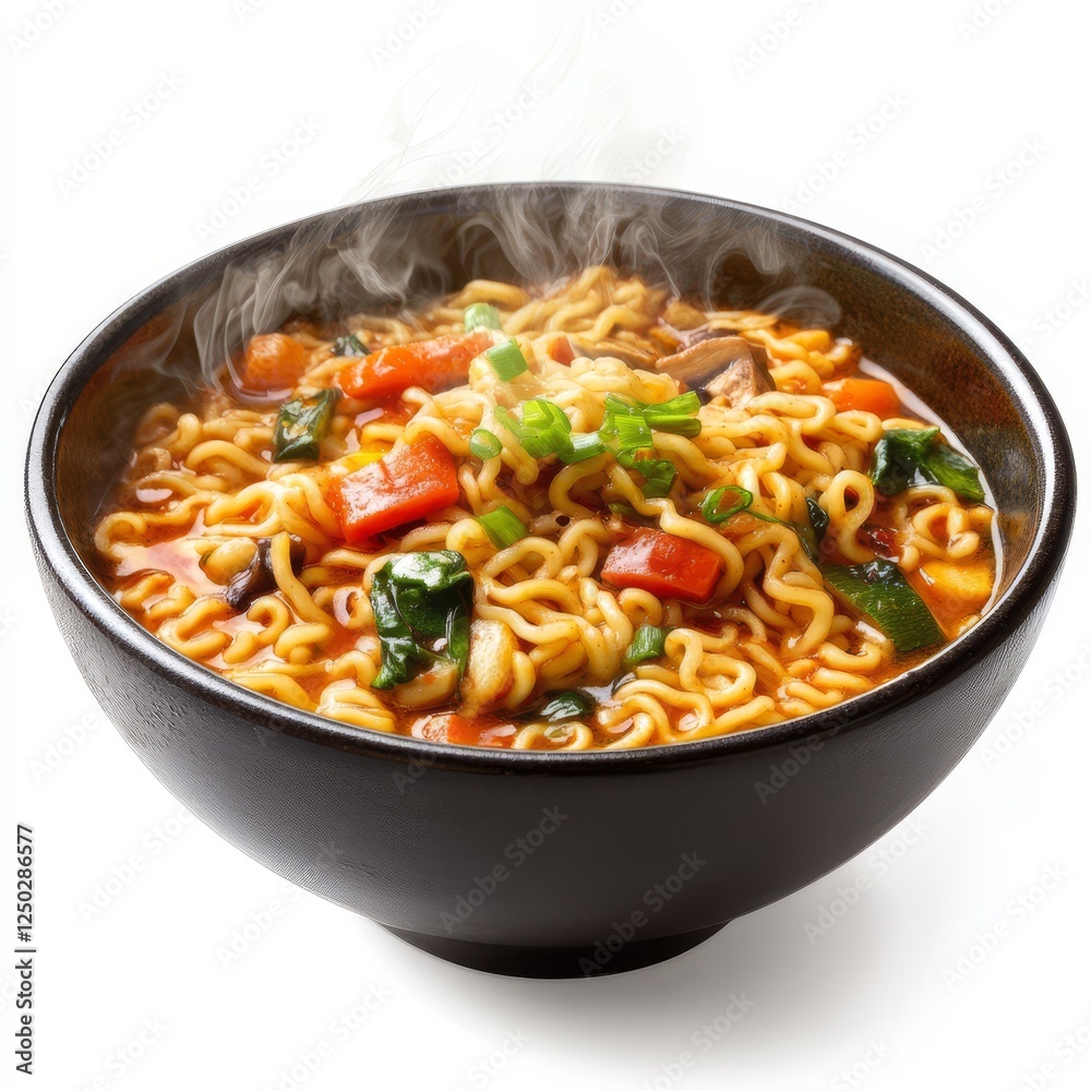Hot Ramen Noodle Soup in Dark Bowl, Isolated, Steaming Hot Ramen Noodle Soup in Dark Bowl, Isolated, Steaming