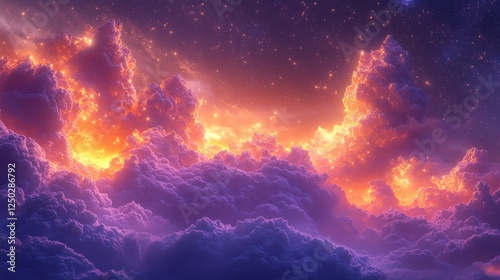 Dramatic sunset clouds illuminated by vibrant colors, creating a surreal sky scene at dusk