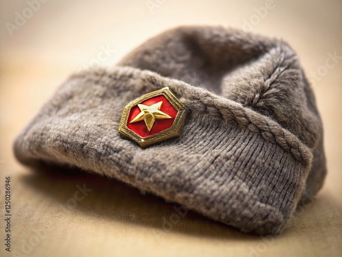 Soviet Era Winter Hat with Badge - Authentic Vintage Style Stock Photo photo