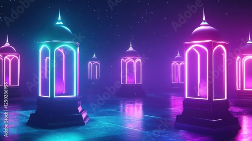 Futuristic neon-lit structures in a misty environment under a starry sky, creating a surreal atmosphere