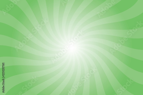 Green background with white sun ray. Pattern of starburst. Abstract mantis texture with light of sunburst. Radial beam of sunlight. Retro background with flash. Design of sunbeams.