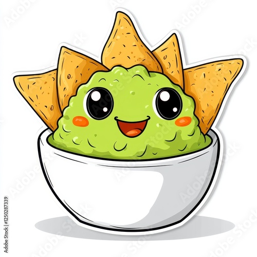 Cute and Happy Guacamole Character with Tortilla Chips in Bowl