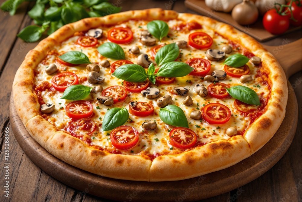 Freshly baked pizza with cherry tomatoes, mushrooms, basil, and melted cheese on a wooden board, placed on a rustic wooden table. Concept of Italian cuisine. Ai generative Freshly baked pizza with cherry tomatoes, mushrooms, basil, and melted cheese on a wooden board, placed on a rustic wooden table. Concept of Italian cuisine. Ai generative