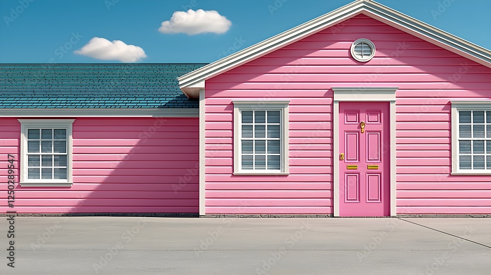 Naklejka premium Charming Pink House with Blue Roof Under a Bright Sky and Fluffy Clouds, Perfect for Illustrating Joyful Living and Creative Decor Ideas