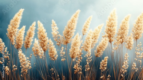 Golden wheat swaying gently in the breeze under a soft blue sky, evoking tranquility and nature's beauty