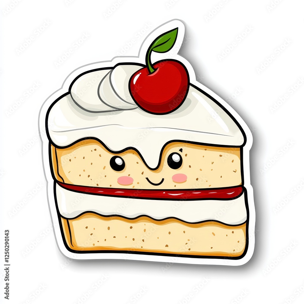 Cute Cartoon Slice of Cake with Whipped Cream and Cherry on Top Cute Cartoon Slice of Cake with Whipped Cream and Cherry on Top