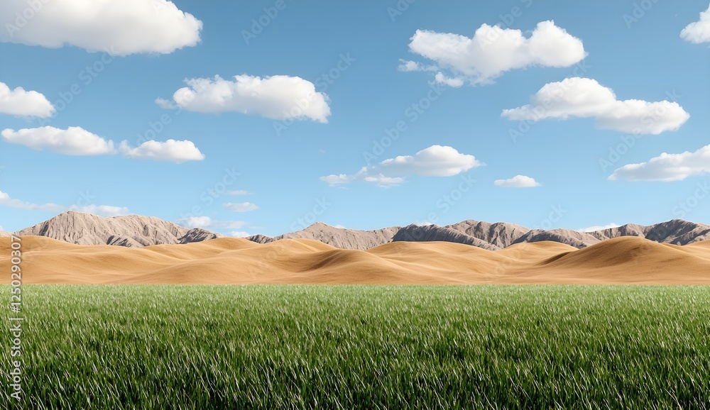 Fototapeta premium Vibrant Grassland with Rolling Sand Dunes and Majestic Mountains Under a Bright Blue Sky with Fluffy White Clouds