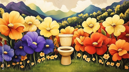 A whimsical scene featuring a toilet surrounded by vibrant flowers and mountains, blending humor with nature's beauty.