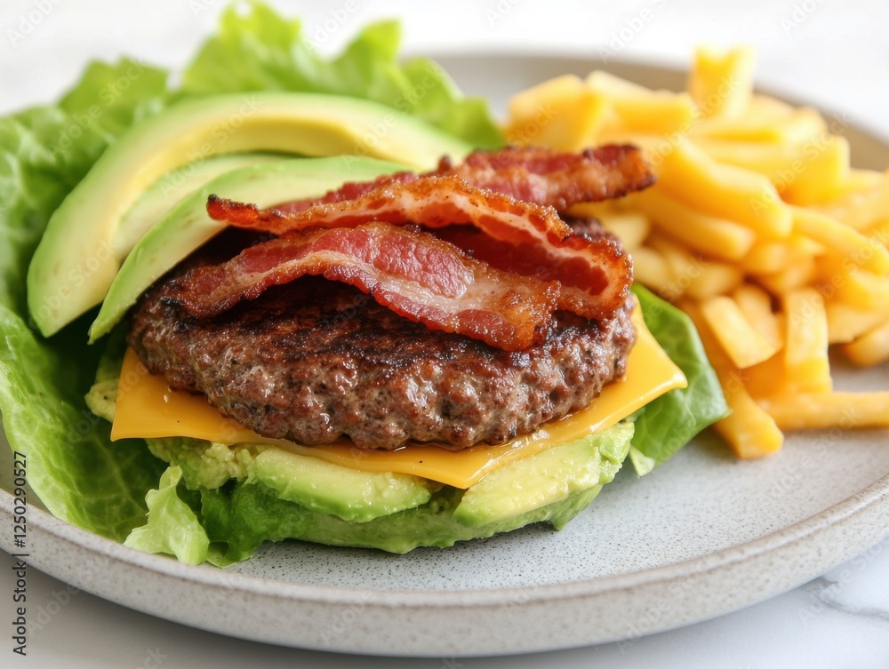 Delicious avocado bacon burger with lettuce and cheese on plate with fries Delicious avocado bacon burger with lettuce and cheese on plate with fries