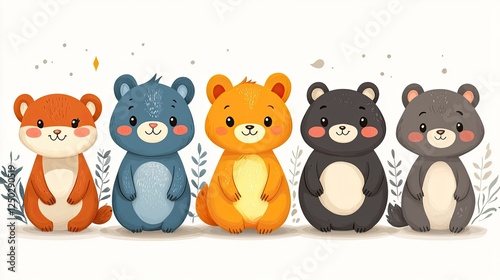 Five adorable cartoon animals in vibrant colors, sitting together with foliage in a playful setting