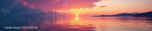 Gentle ripples on the water reflect the changing colors of the sky at sunset, sky, reflection