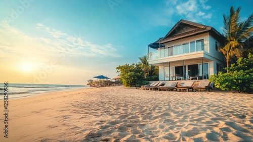 Luxury beachfront villa with ocean views during a golden sunset