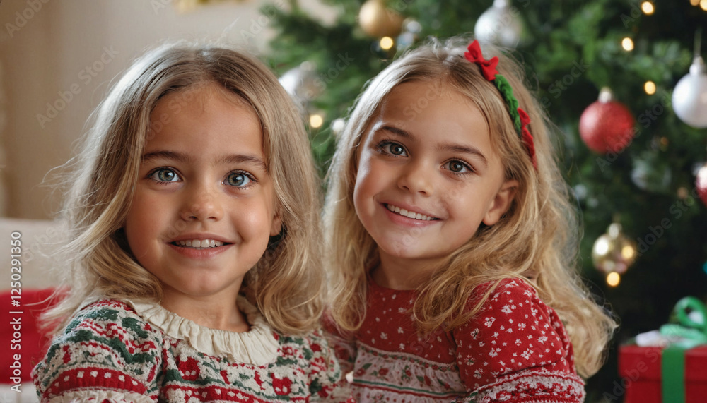 smiling twins in christmas sweaters by tree smiling twins in christmas sweaters by tree