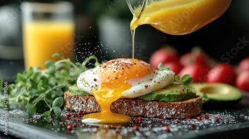 Gourmet breakfast featuring poached egg on avocado toast with orange juice in a stylish setting
