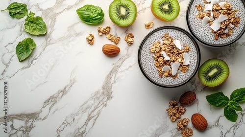 Fresh chia seed bowls topped with granola, coconut, and kiwi on a marble countertop