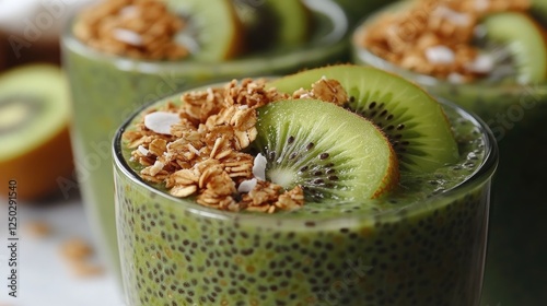 Refreshing green smoothie topped with kiwi slices and granola, set against a bright kitchen backdrop
